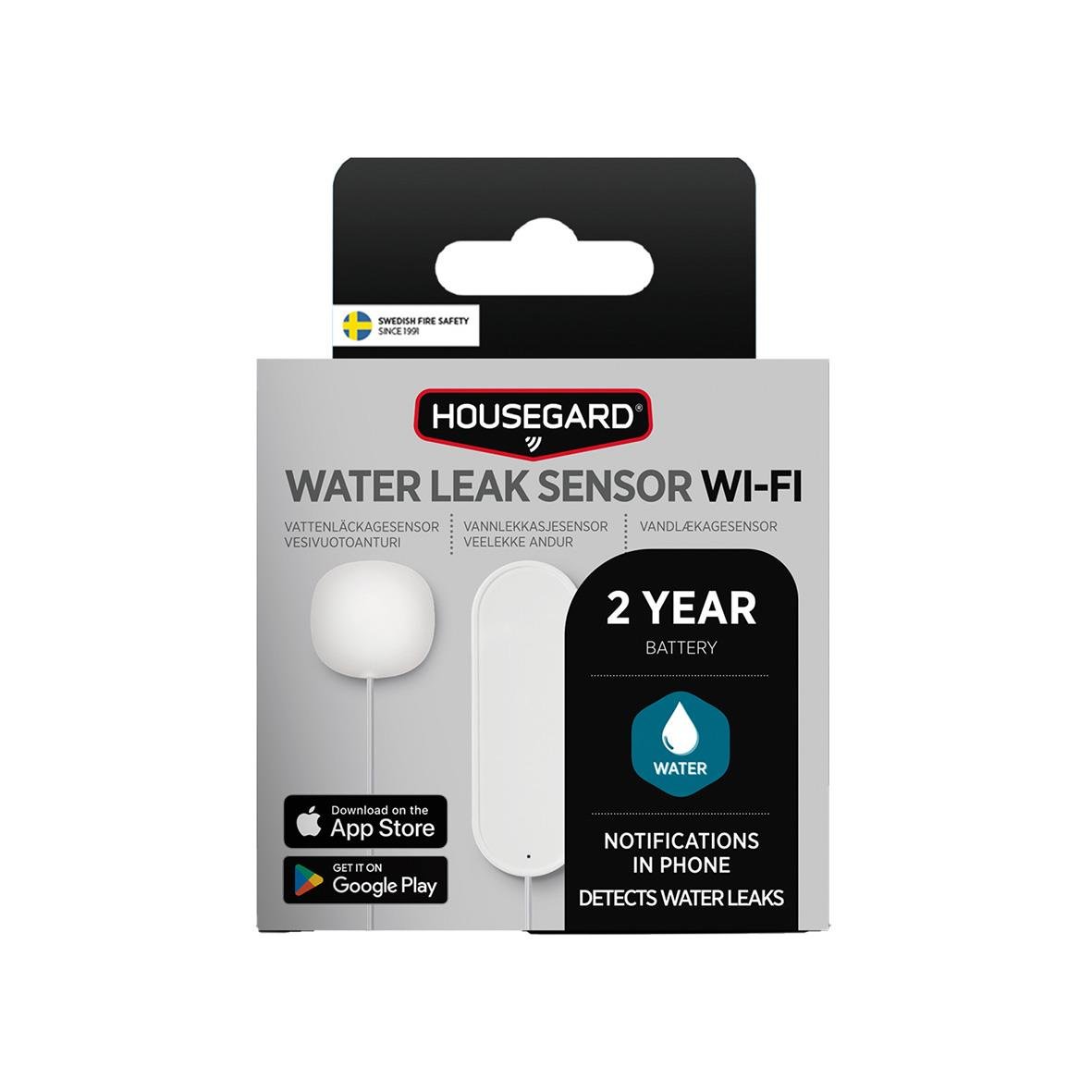 Vattenläckagesensor från Housegard med Wi-Fi och 2 års batteritid, upptäcker vattenläckor och skickar notifikationer till telefonen.
