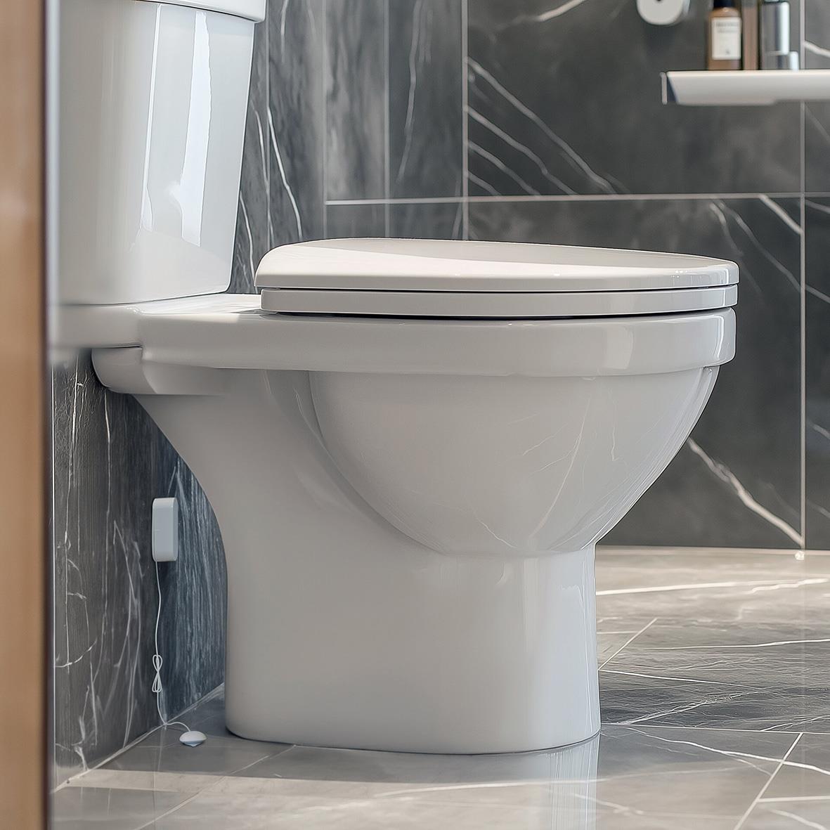 Toalett i badrum med vattenläckagesensor Housegard bredvid