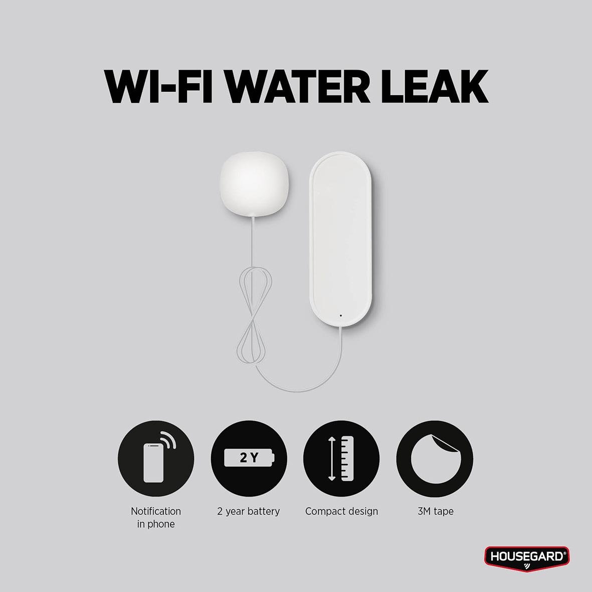 Vattenläckagesensor från Housegard med Wi-Fi, batteri, kompakt design och 3M tejp