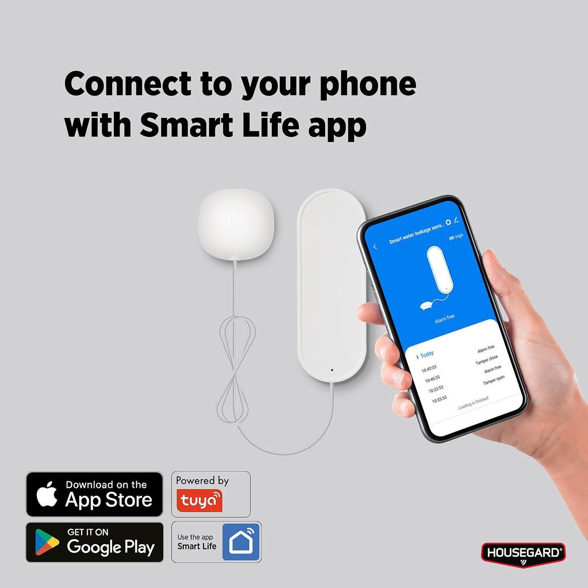 Vattenläckagesensor Housegard kopplas till telefon via Smart Life app för övervakning