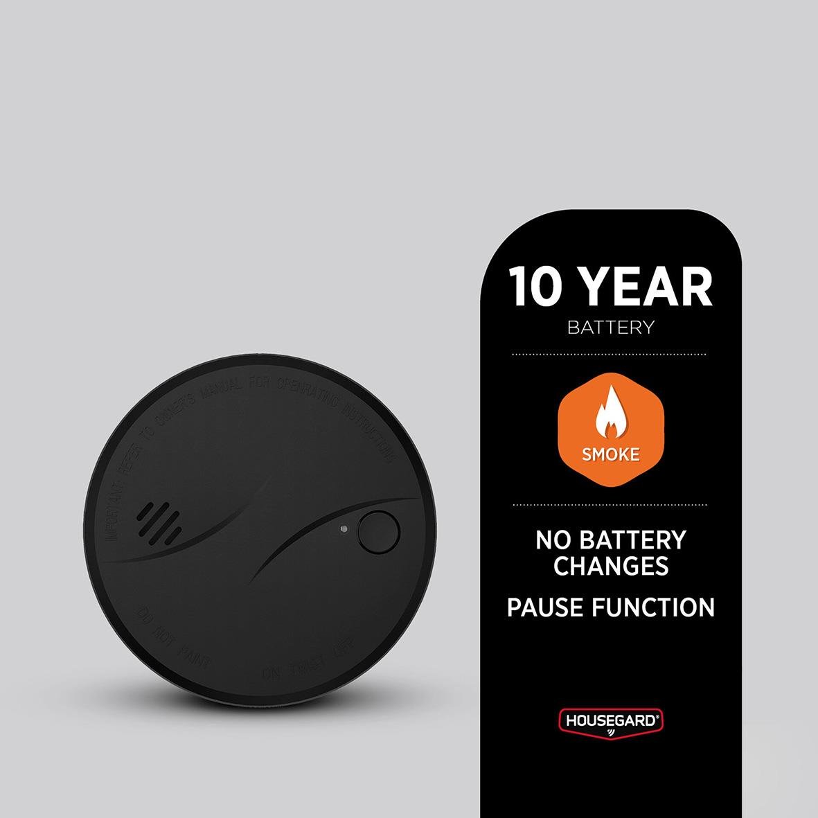 Svart brandvarnare från Housegard med 10 års batteritid, ingen batteribyte, pausfunktion