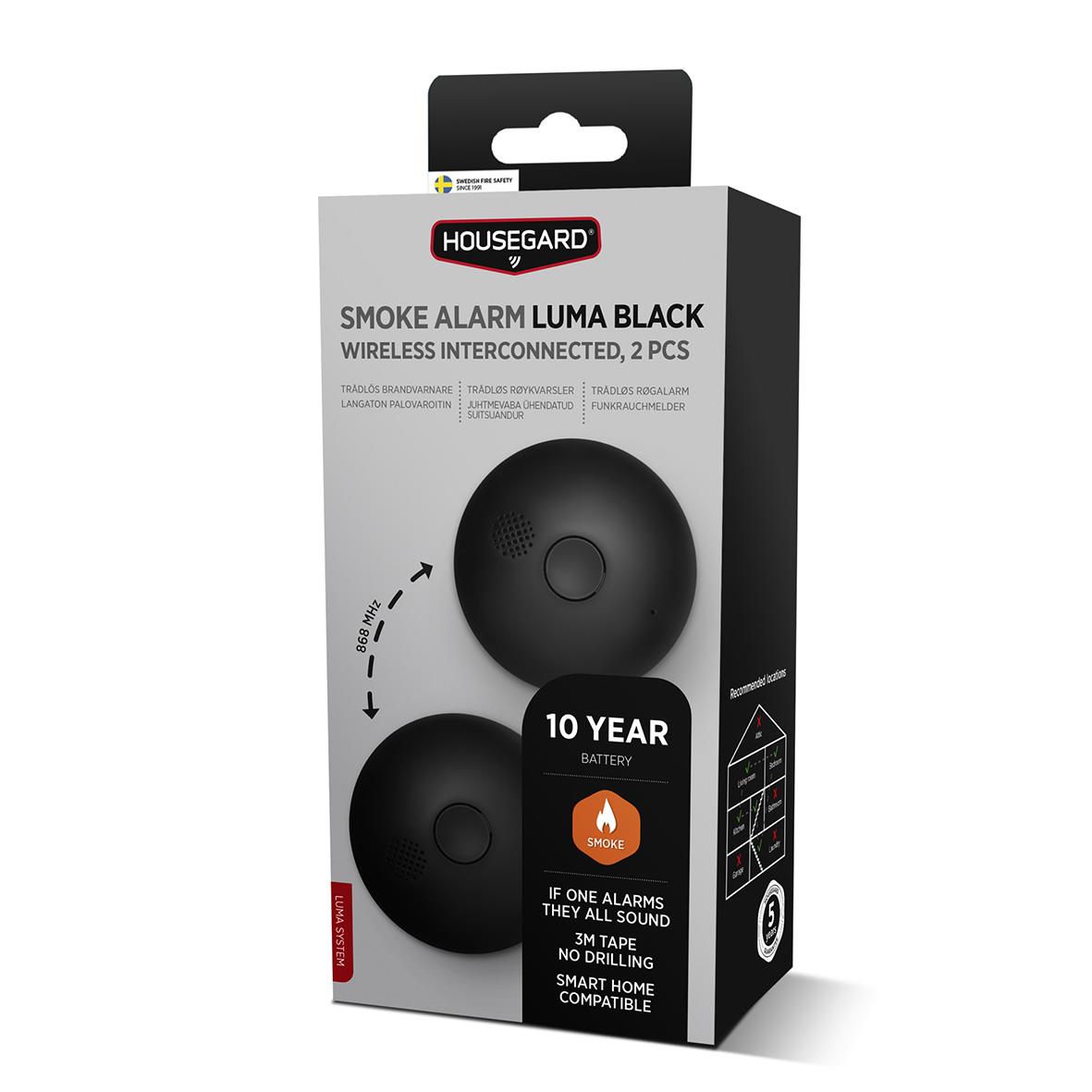 Brandvarnare Housegard Luma Black med inbyggt 10-årsbatteri och trådlös interkonnect.