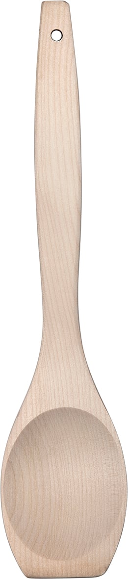 Träsked av björk, 28 cm lång, med rund skål och hål i handtaget