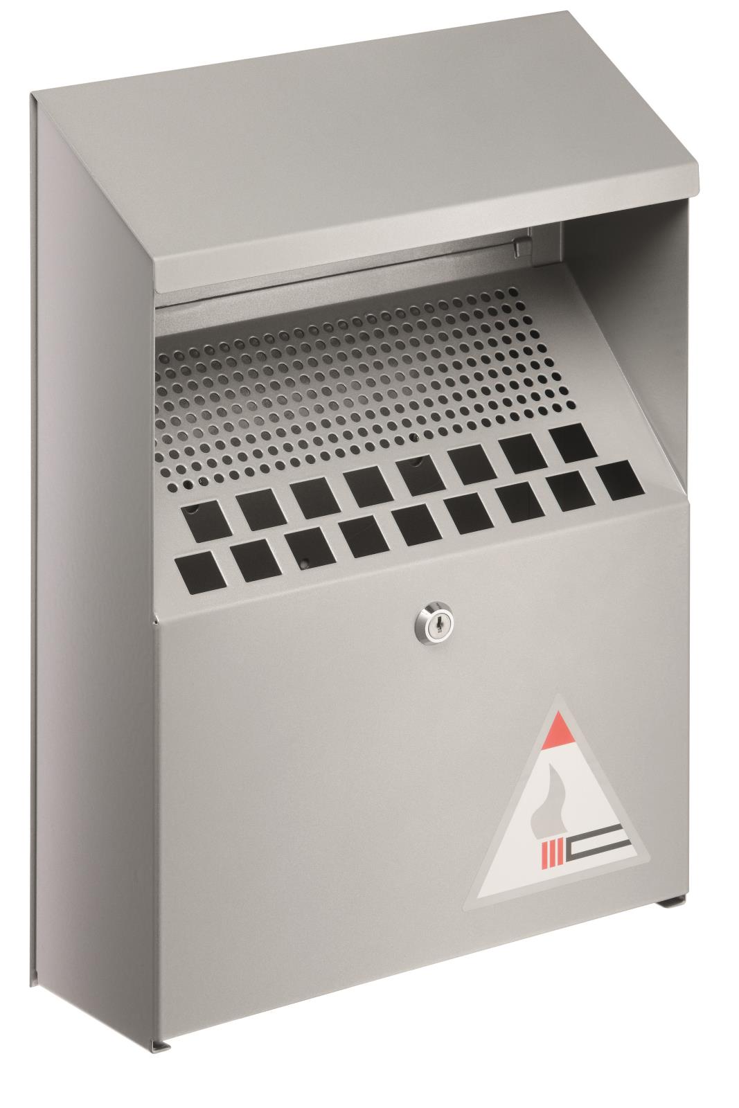 Grå väggmonterad askkopp med lock och ventilationsgaller