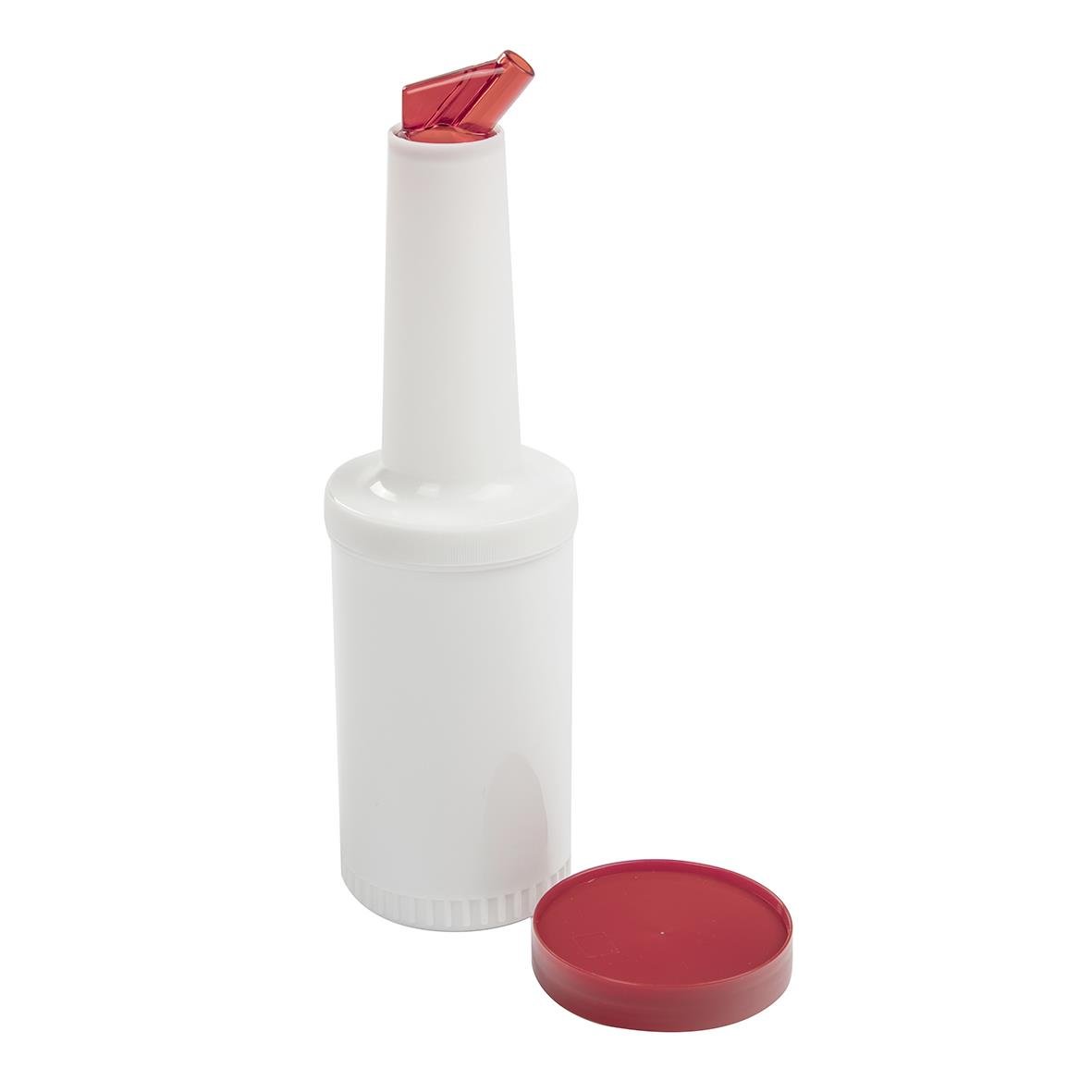 Vit plastflaska med röd lock för juice eller sås, 1 liter