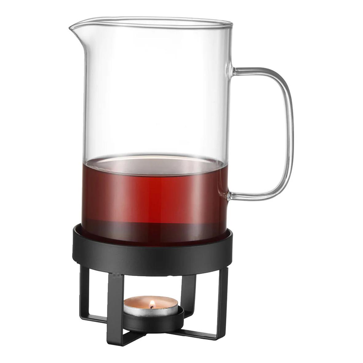 Svart glöggkanna i glas med ställning och värmeljus, 1,2L