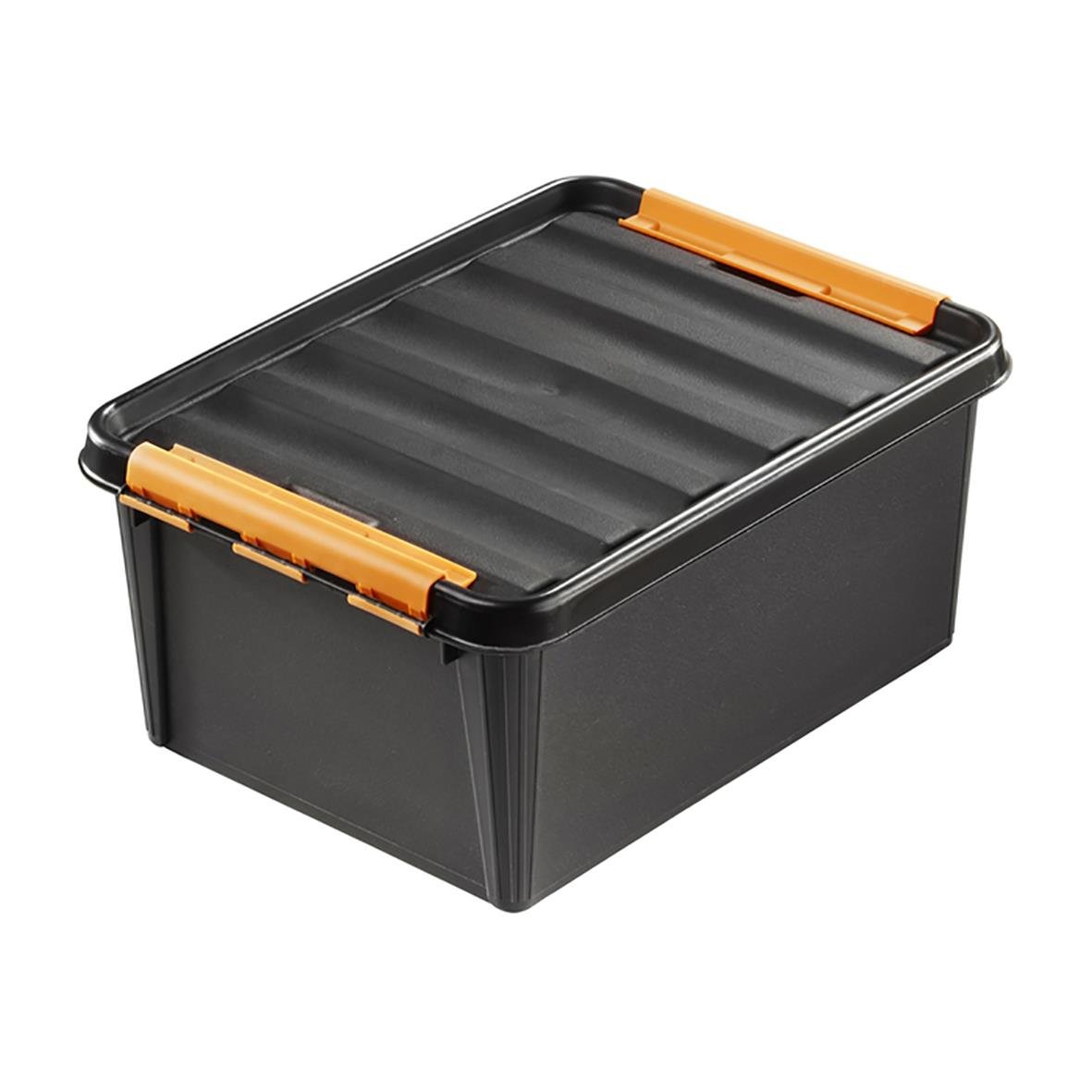 Svart förvaringslåda SmartStore Pro M Lock 14L med orange lås, mått 400x300x190mm