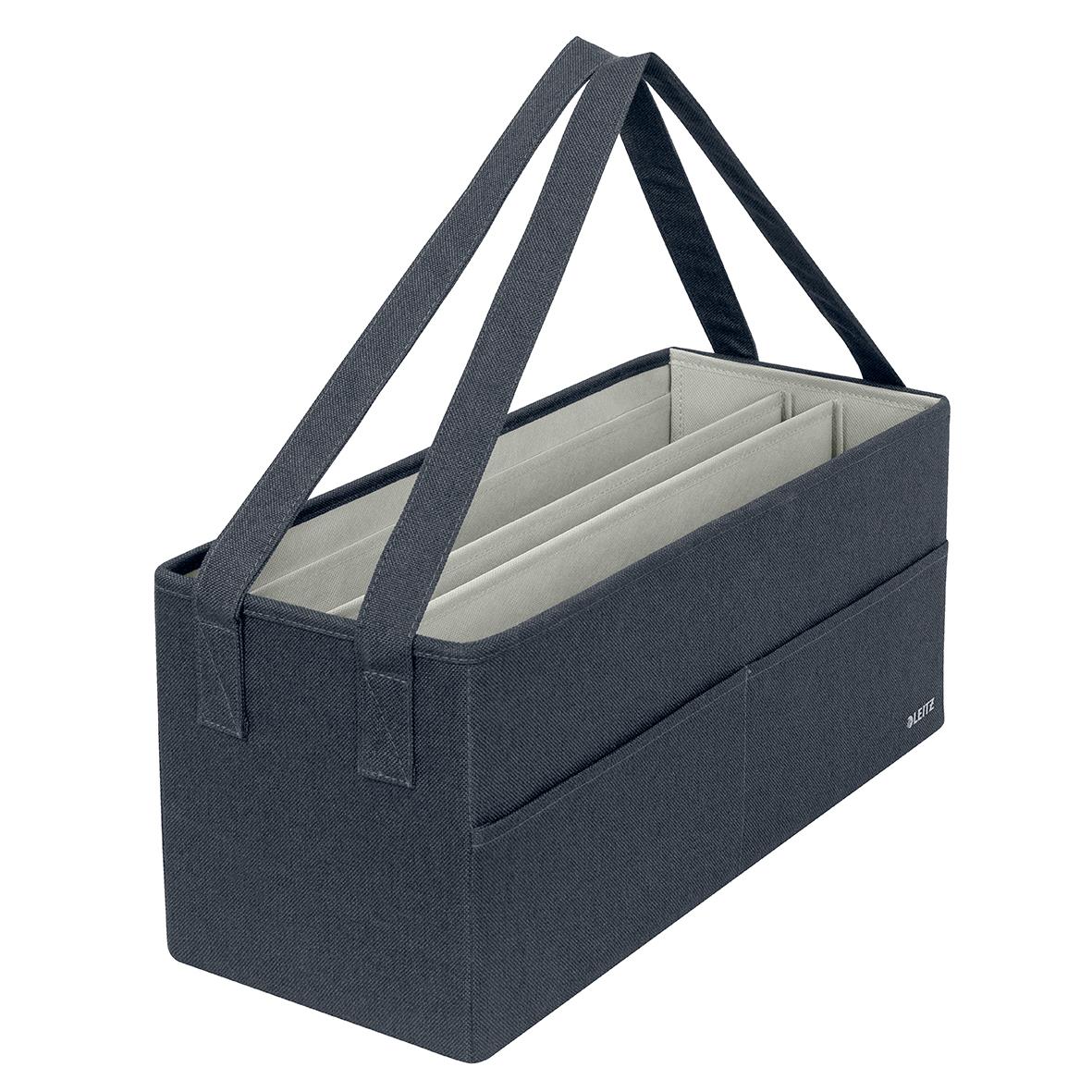 Grå tygklädd förvaringslåda från Leitz med handtag, mått 465x210x200mm