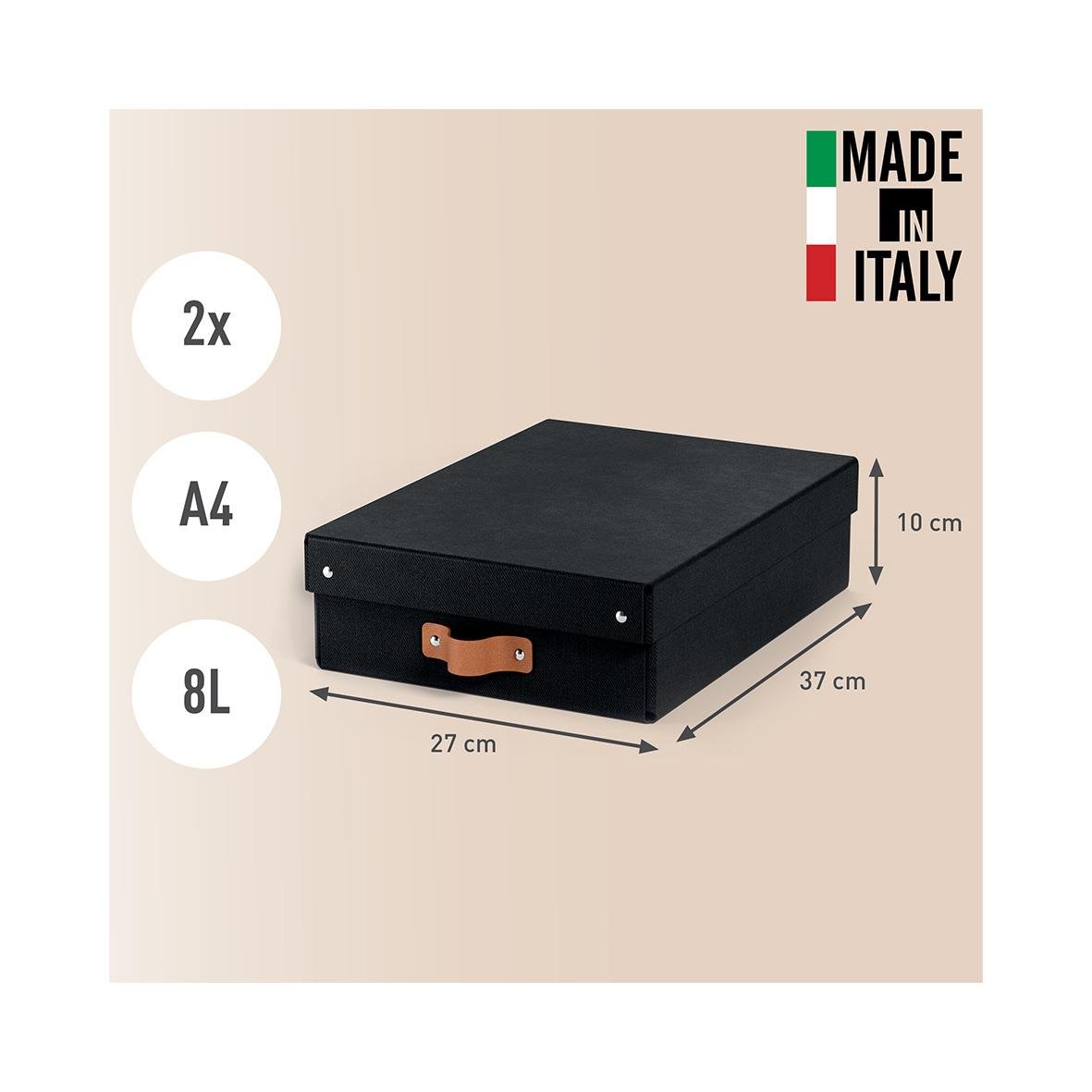 Svart förvaringslåda med måtten 37x27x10 cm, 2 st A4, 8 L, tillverkad i Italien