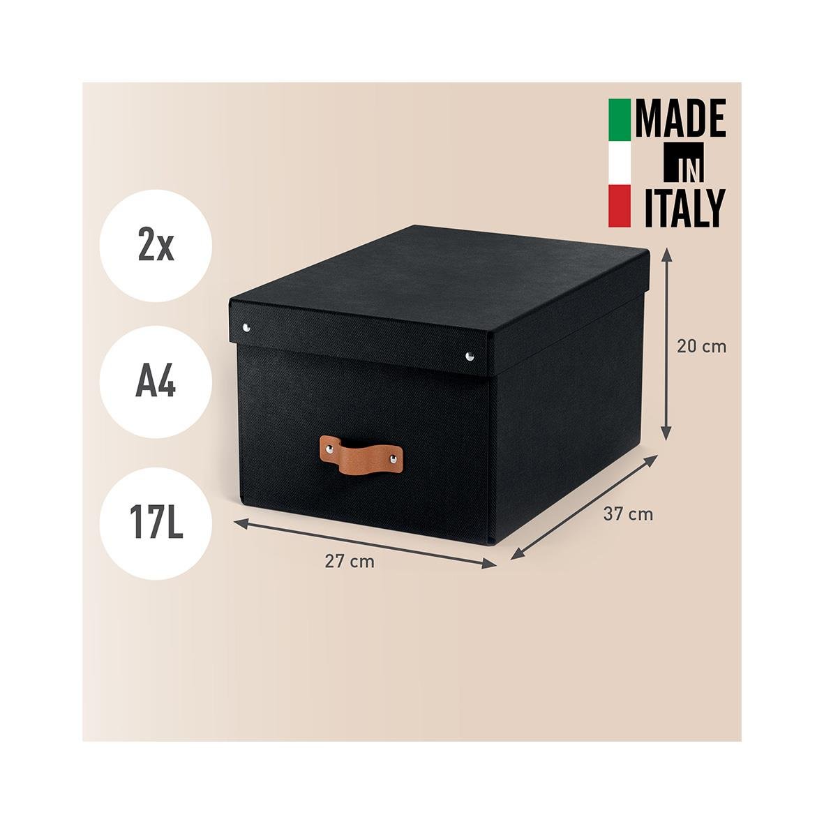 Svart förvaringsbox med läderhandtag, mått 27x37x20 cm, rymmer 17 liter, 2x A4, tillverkad i Italien