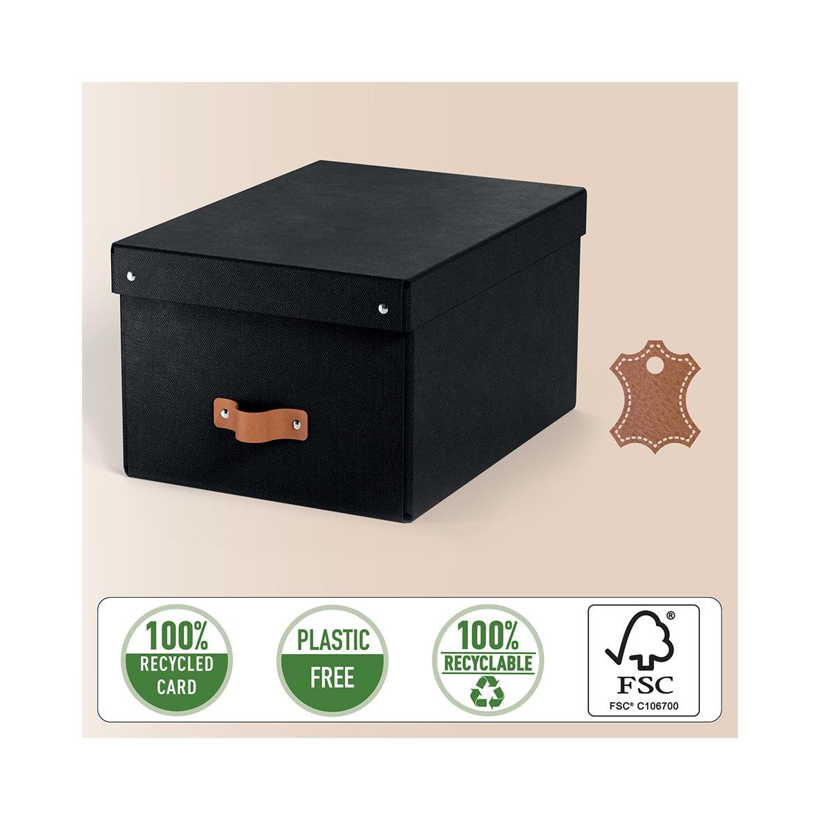 Svart förvaringsbox med läderhandtag, miljövänlig och återvinningsbar, FSC-märkt