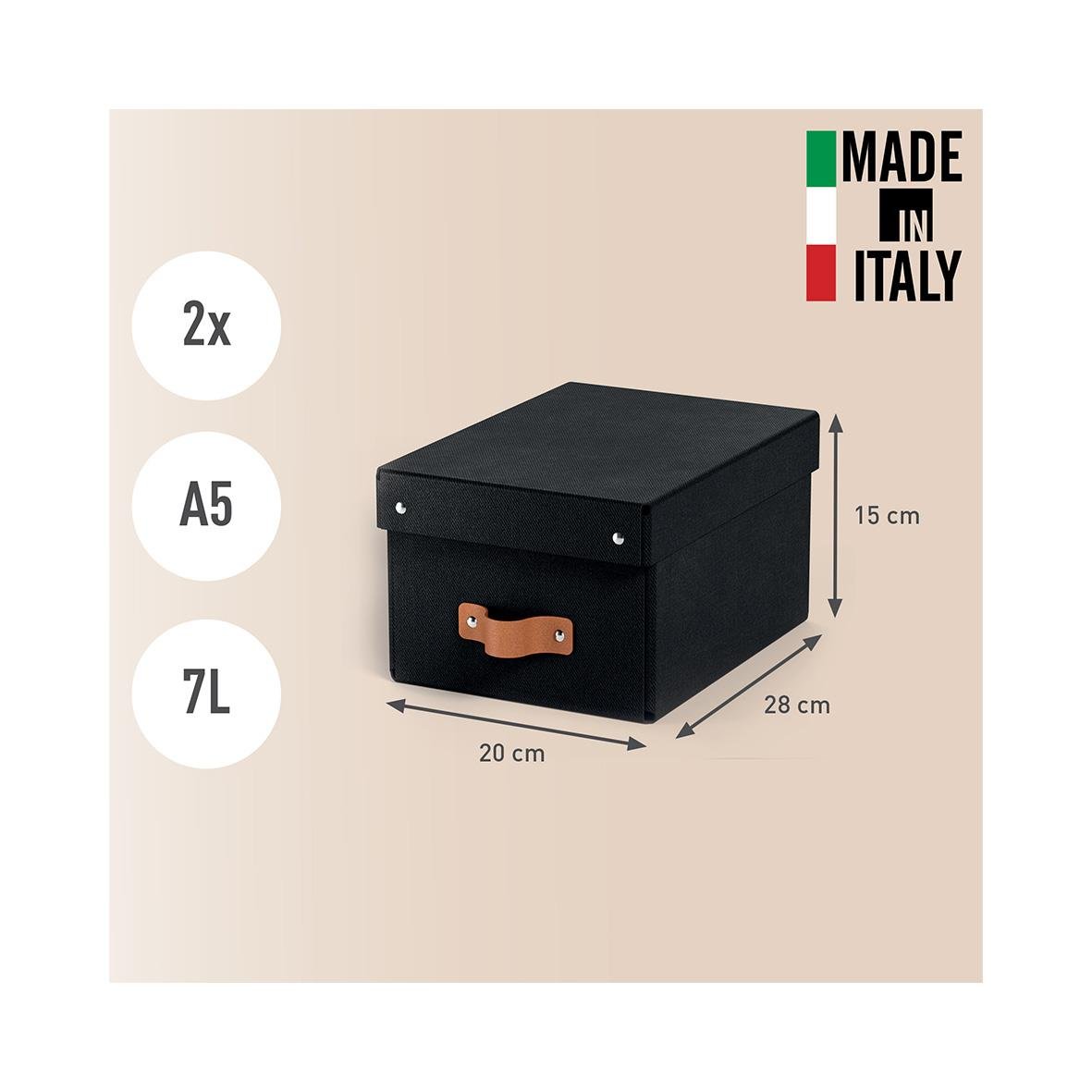 Svart förvaringslåda med måtten 20x28x15 cm, 2x A5, 7L, tillverkad i Italien