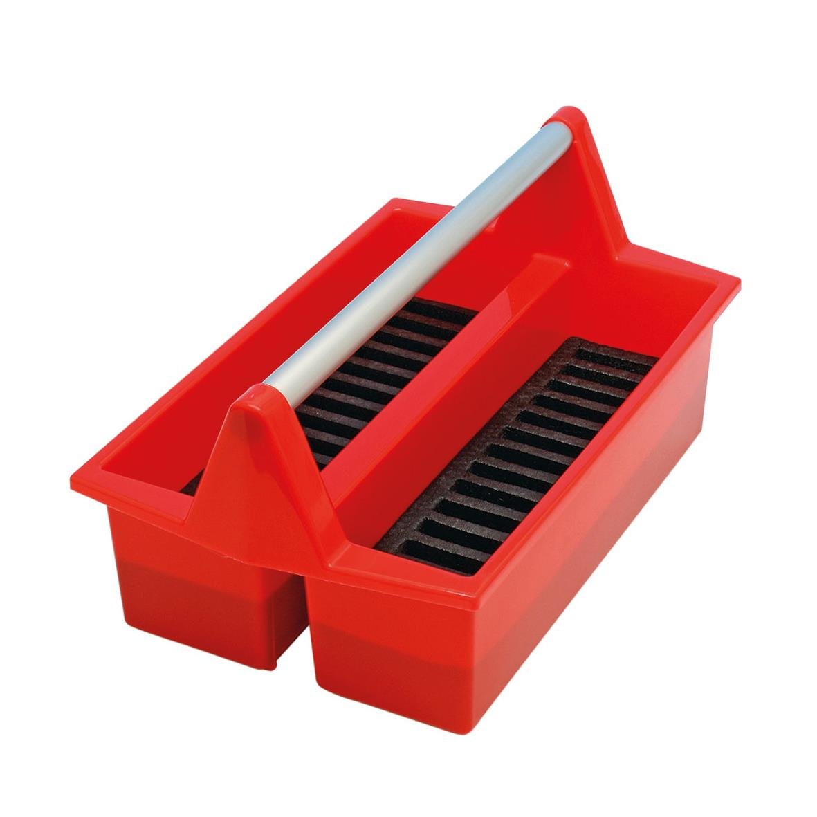 Röd förvaringslåda för mobiltelefoner med 30 platser och handtag