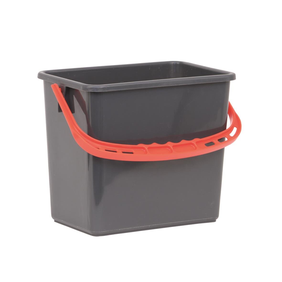 Rektangulär hink med grå kropp, rött handtag och 6L volym