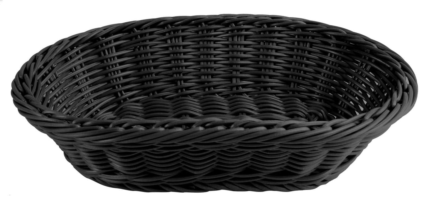 Oval svart brödkorg i rottingmaterial, 29x18,5cm