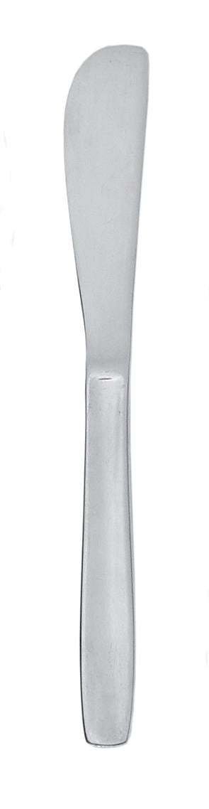 Vit smörkniv med lång, smal blad och trähandtag