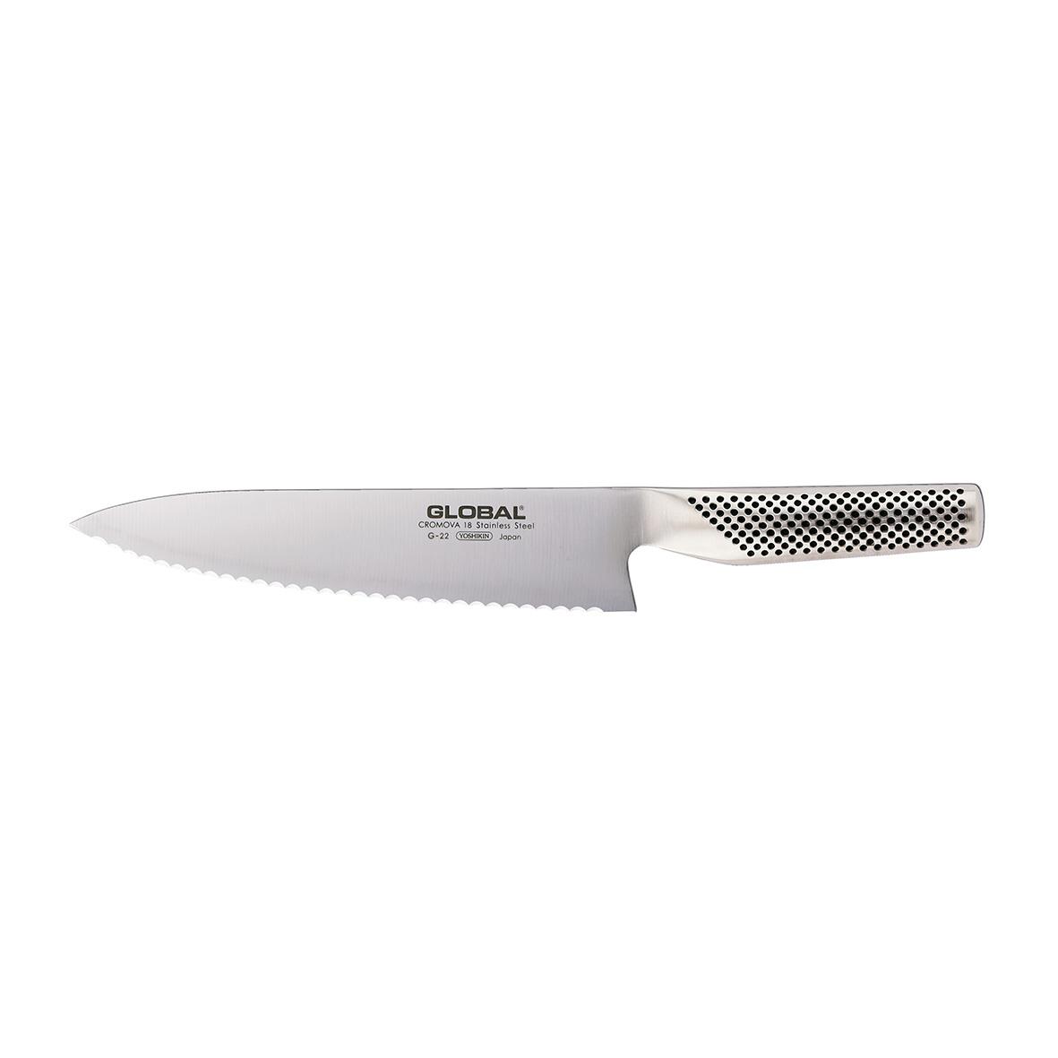 Global G-22 brödkniv 20cm med vit handtag och perforerad design
