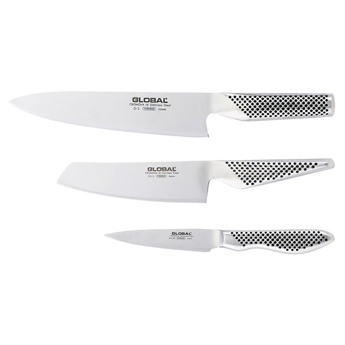 Set med tre knivar från Global G-2538 i rostfritt stål med svart prickmönster på handtagen