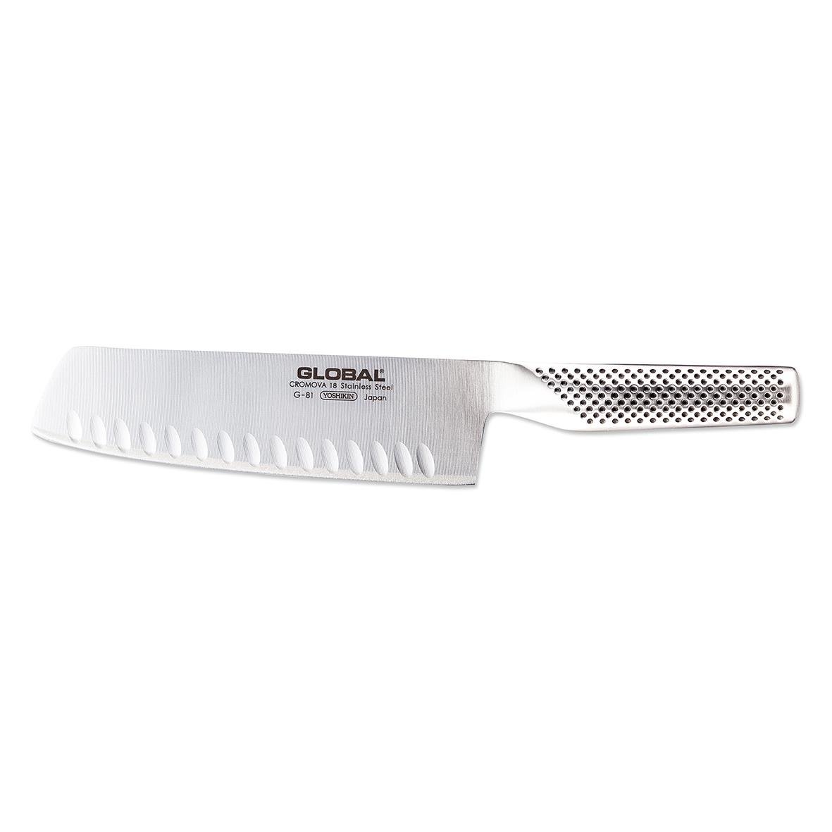 Grönsakshacka Global G-81 Olivslipad 18cm, kökskniv med perforerat handtag och skärblad