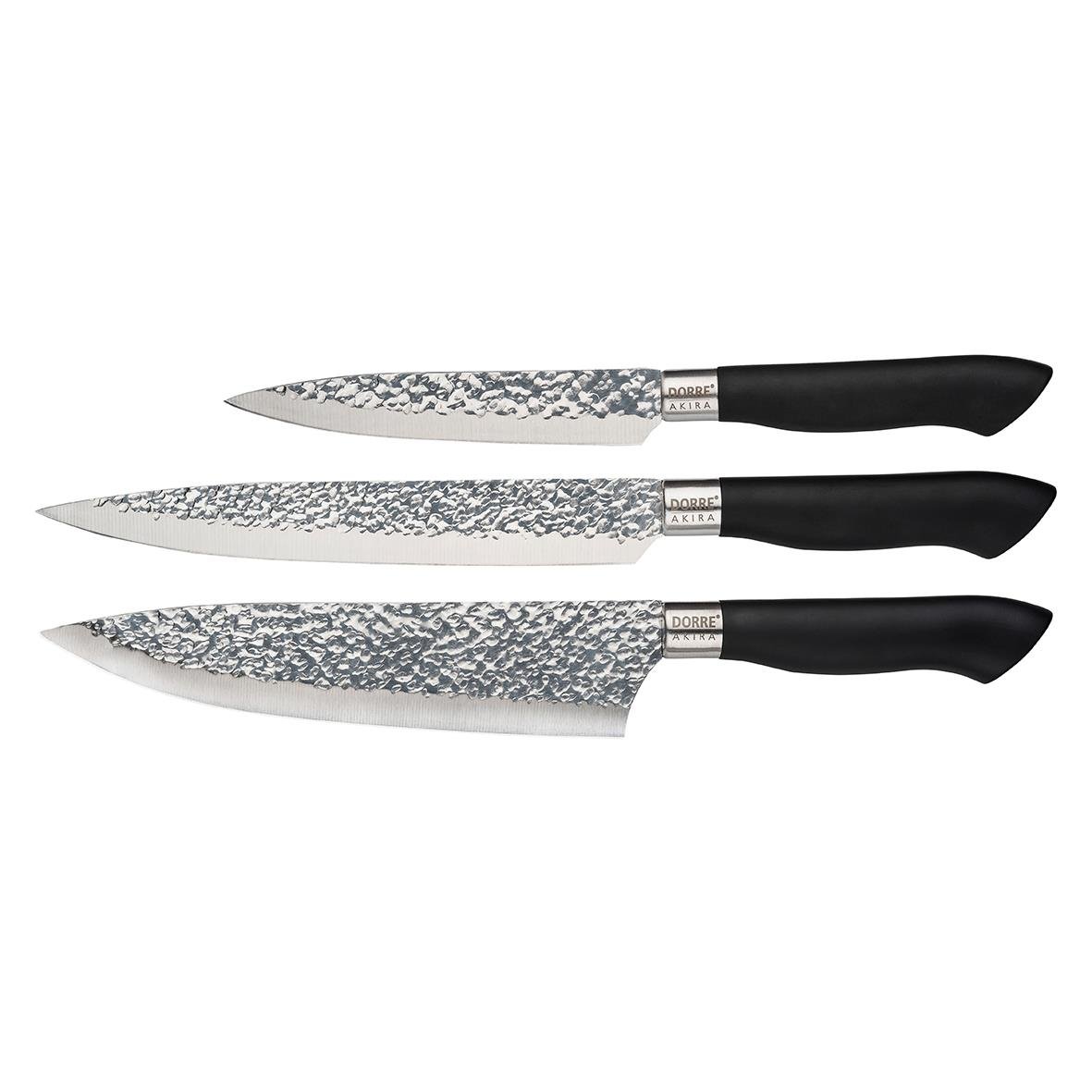Tre svarta knivar med hamrade blad och svarta handtag