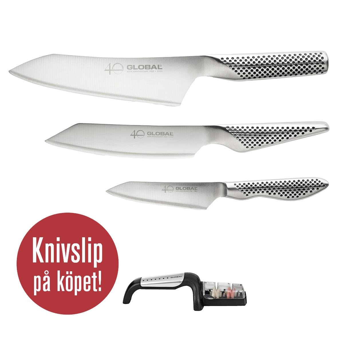 Knivset med tre olika storlekar, silverfärgade blad och handtag med svart och vitt prickmönster