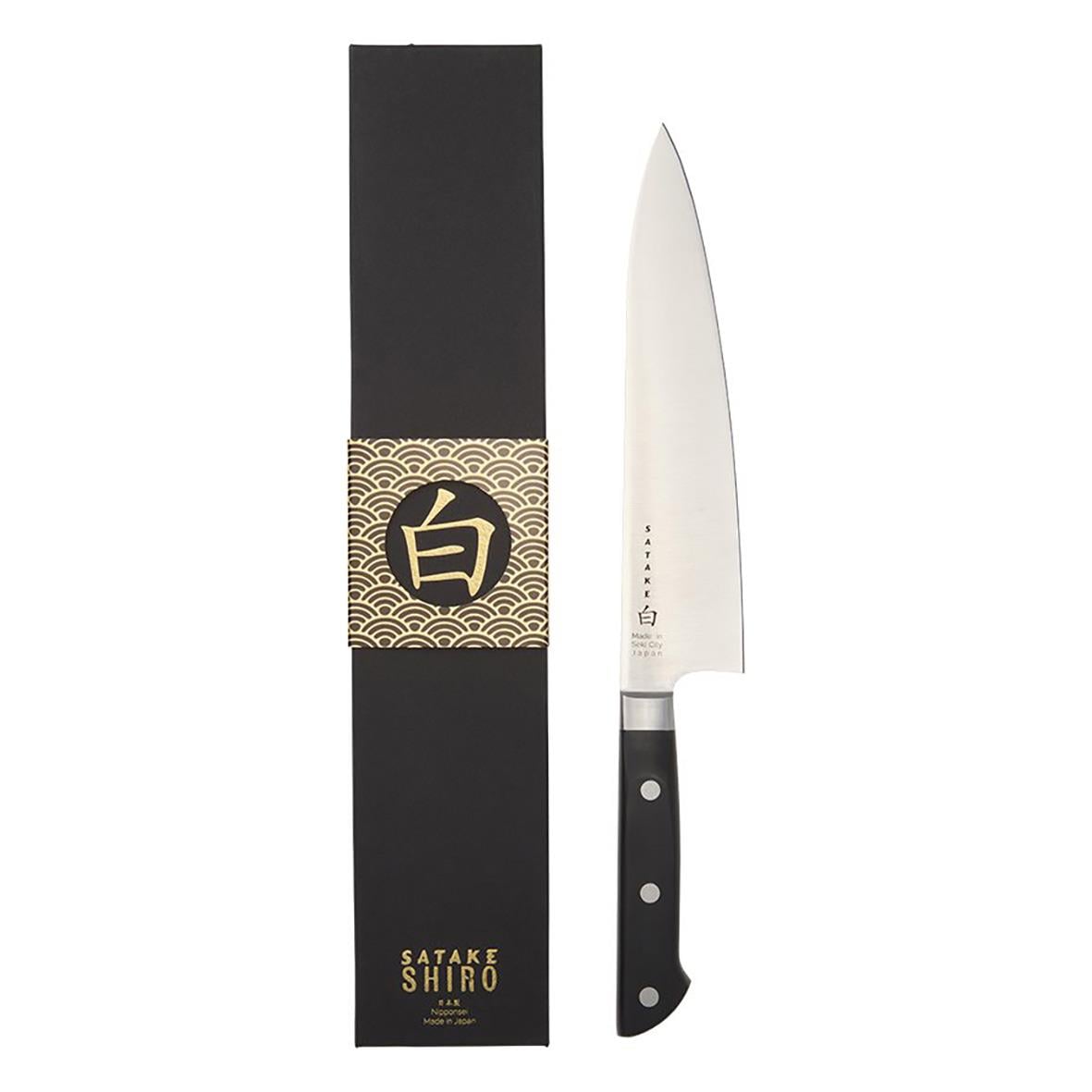Kockkniv Satake Shiro 21cm med svart handtag och förpackning