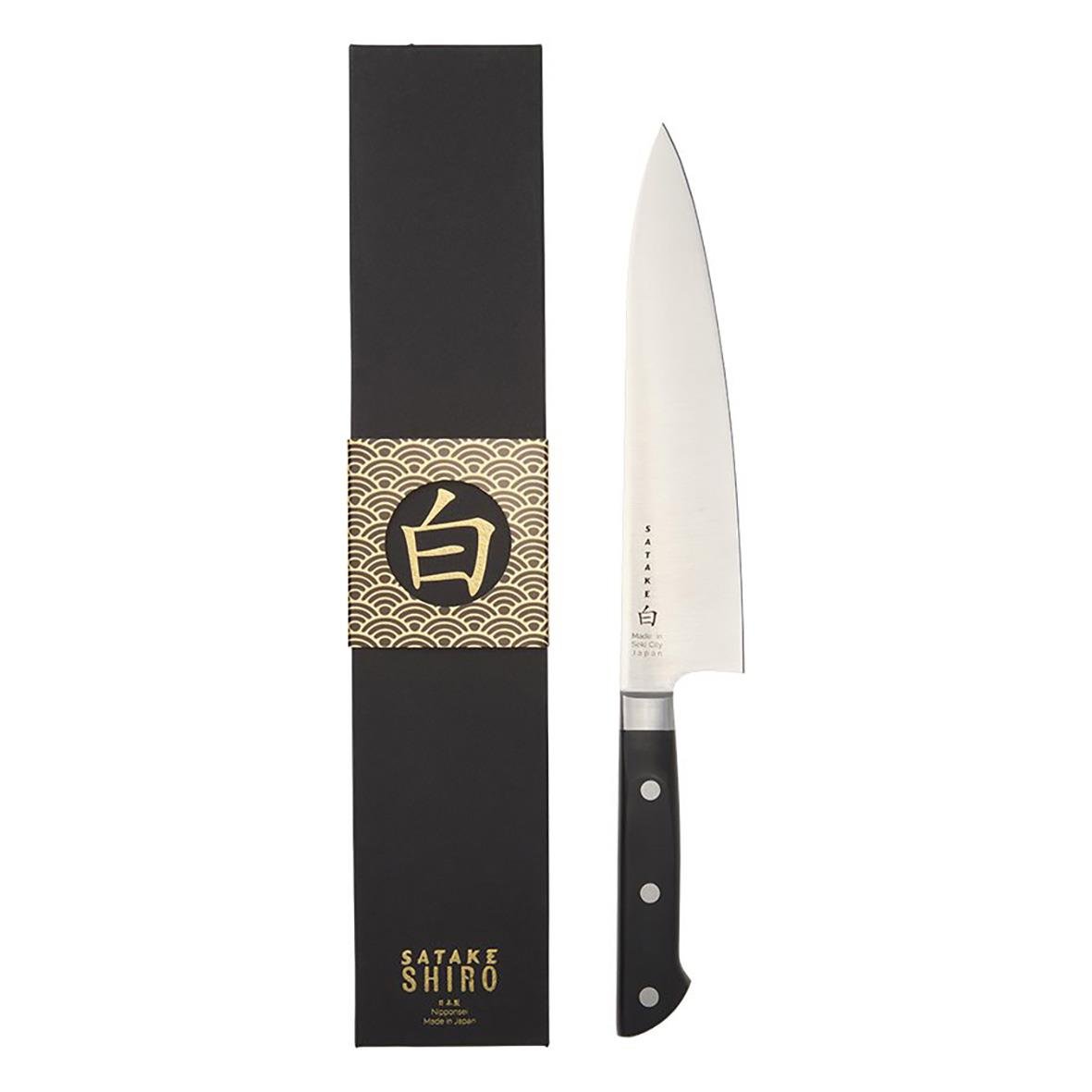 Kockkniv Satake Shiro 21cm med svart handtag och förpackning