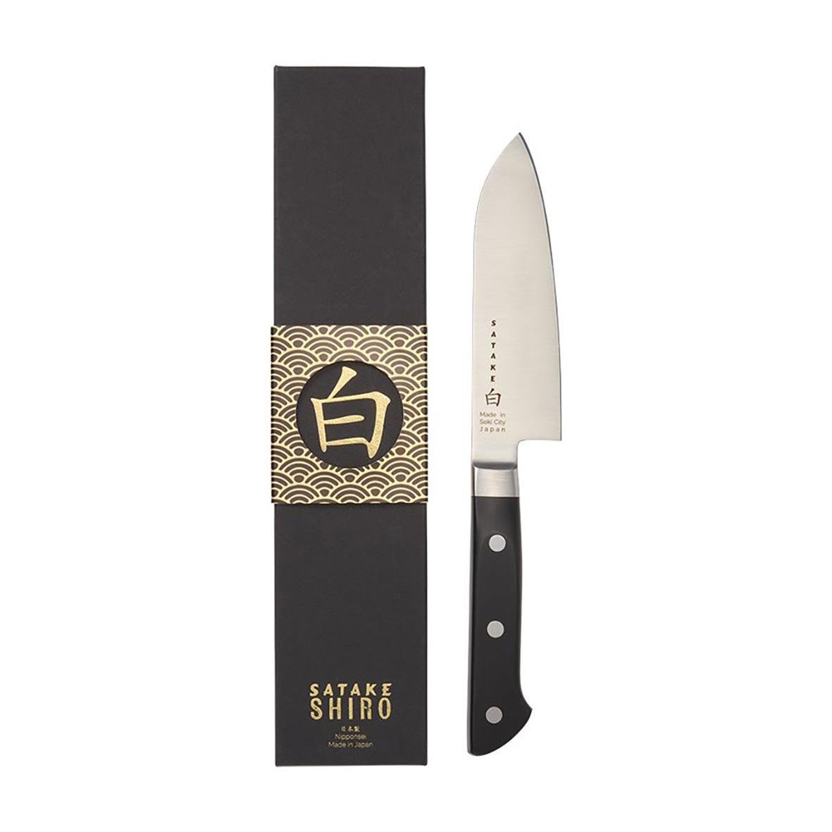 Satake Shiro Kosantoku kockkniv 13,5 cm med svart handtag och förpackning