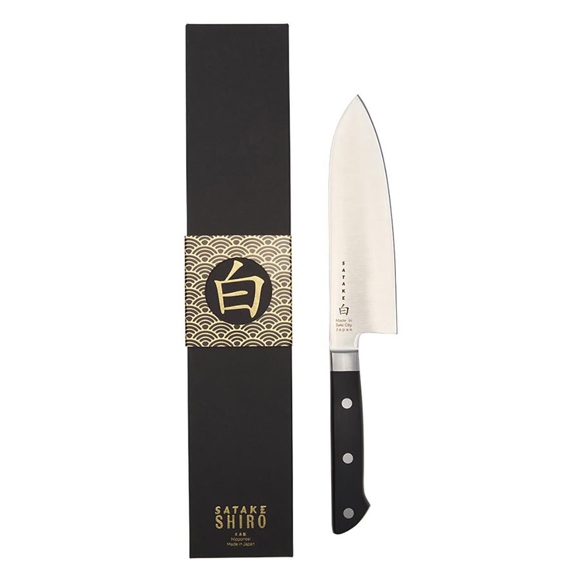 Satake Shiro Santoku kockkniv 17cm med svart handtag och förpackning