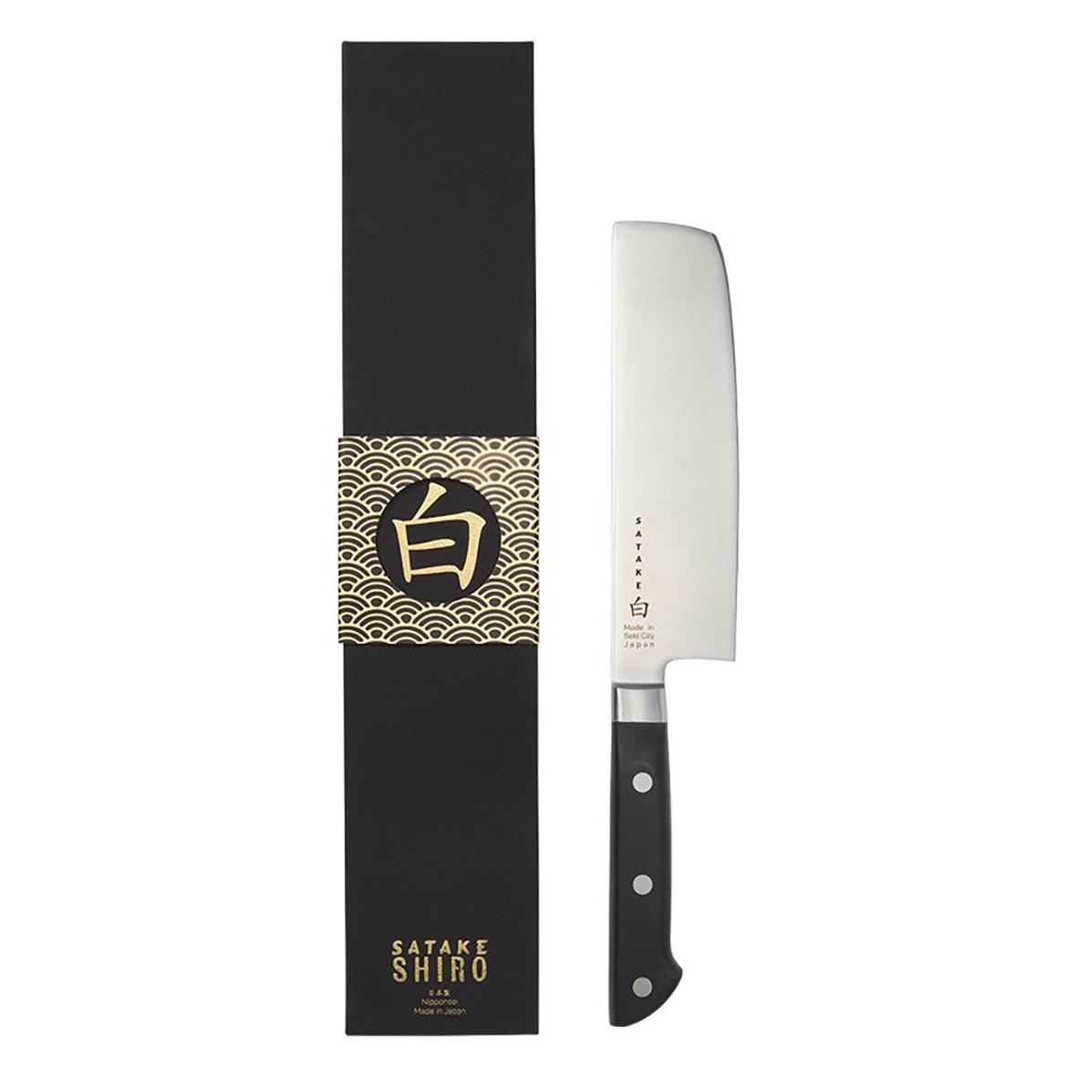 Satake Shiro Nakiri kockkniv 16cm med svart skaft och förpackning