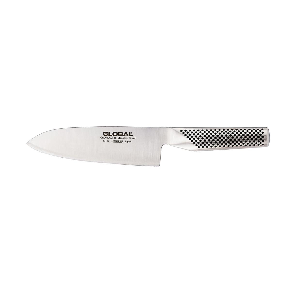 Santokukniv Global G-57 16cm med vit blad och svart prickmönster på handtaget