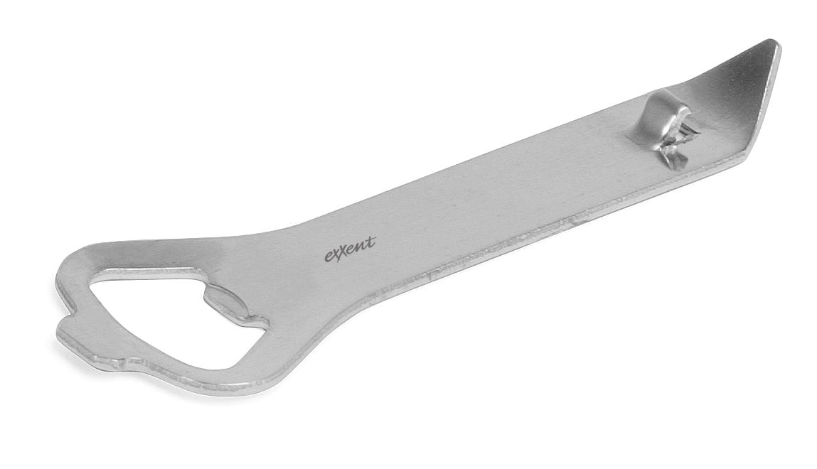 En 11,6 cm lång flasköppnare i metall med handtag och öppning för flaskkapslar