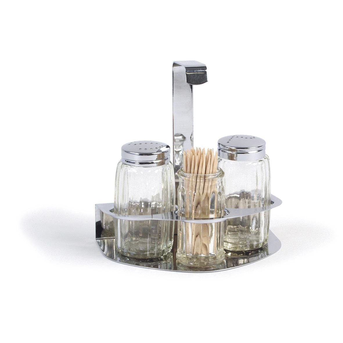 Kryddställ med tre delar för salt, peppar och tandpetare
