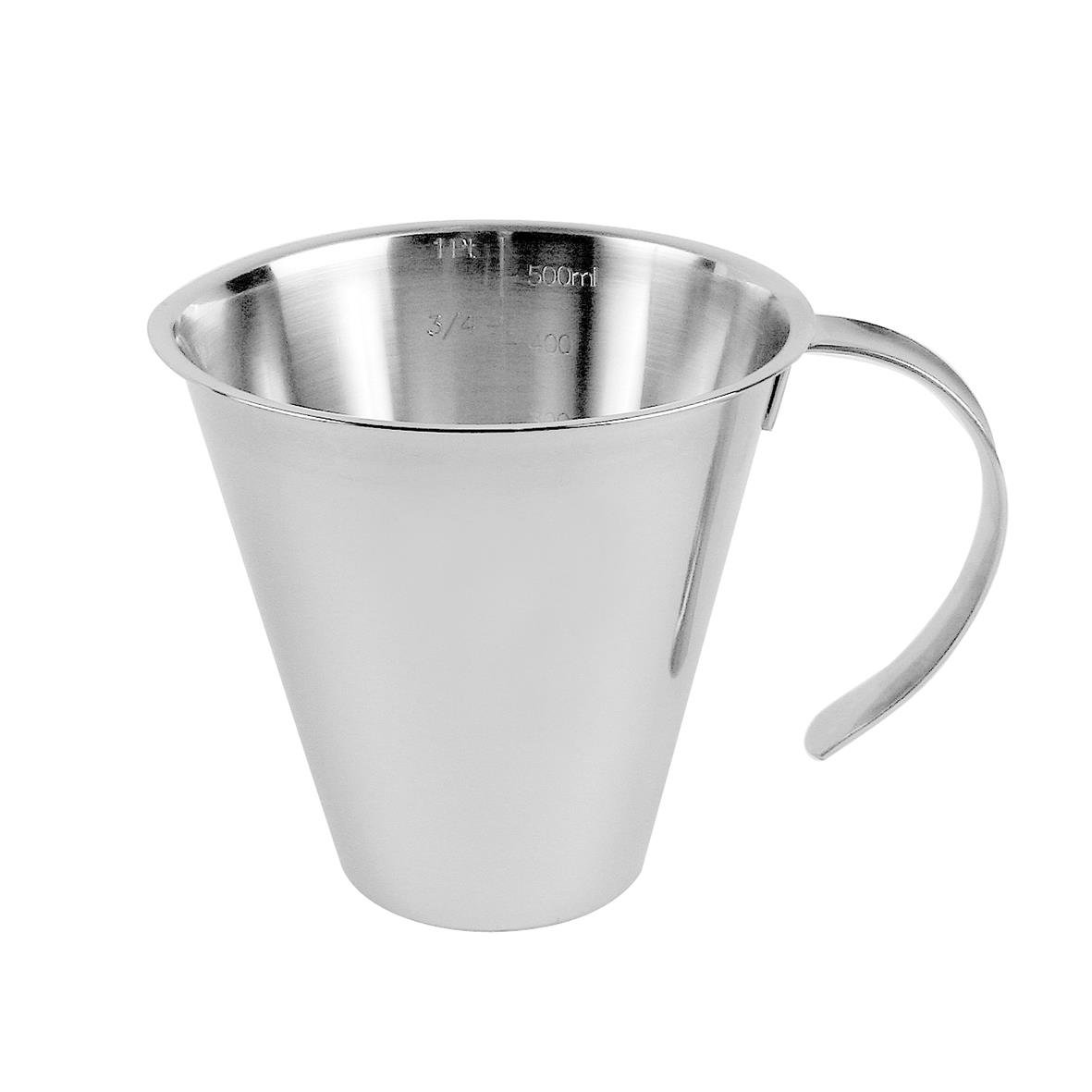 Mått Rostfri utan fot, 0,5 liter, konformad mugg med handtag