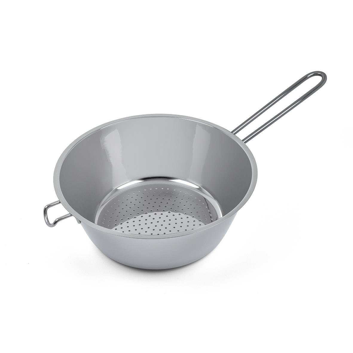 Durkslag i metall med 23,5 cm diameter och långt handtag för avrinning av vatten