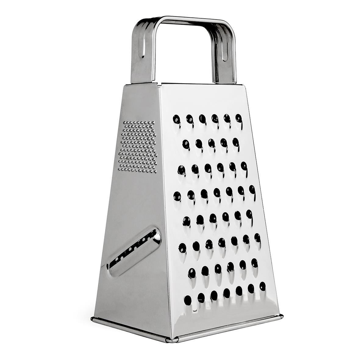 Rivjärn i rostfritt stål, 21,5 cm lång, med handtag och flera rivytor för olika ändamål