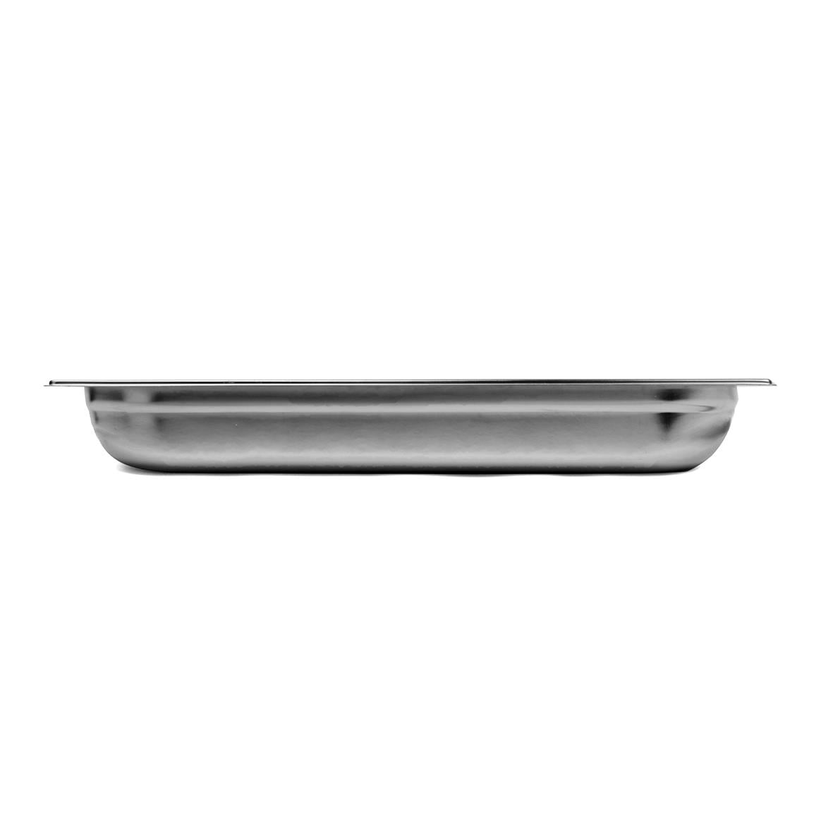 Rostfri GN 1/1-65 kantin med måtten 530x325x65mm och 9L volym, sett från sidan