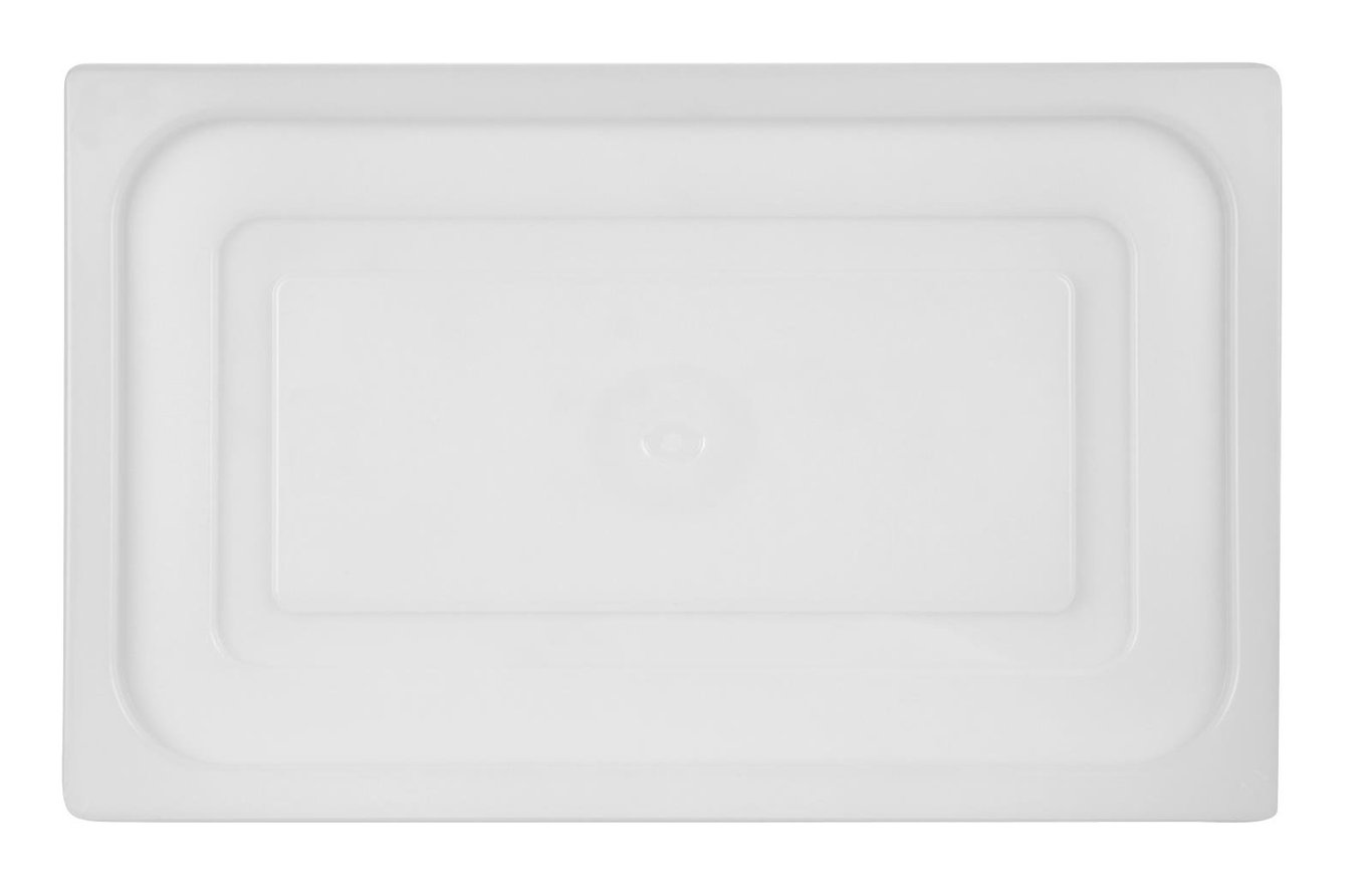 Vit lock till kantin med tydlig kant och handtag, klar plast