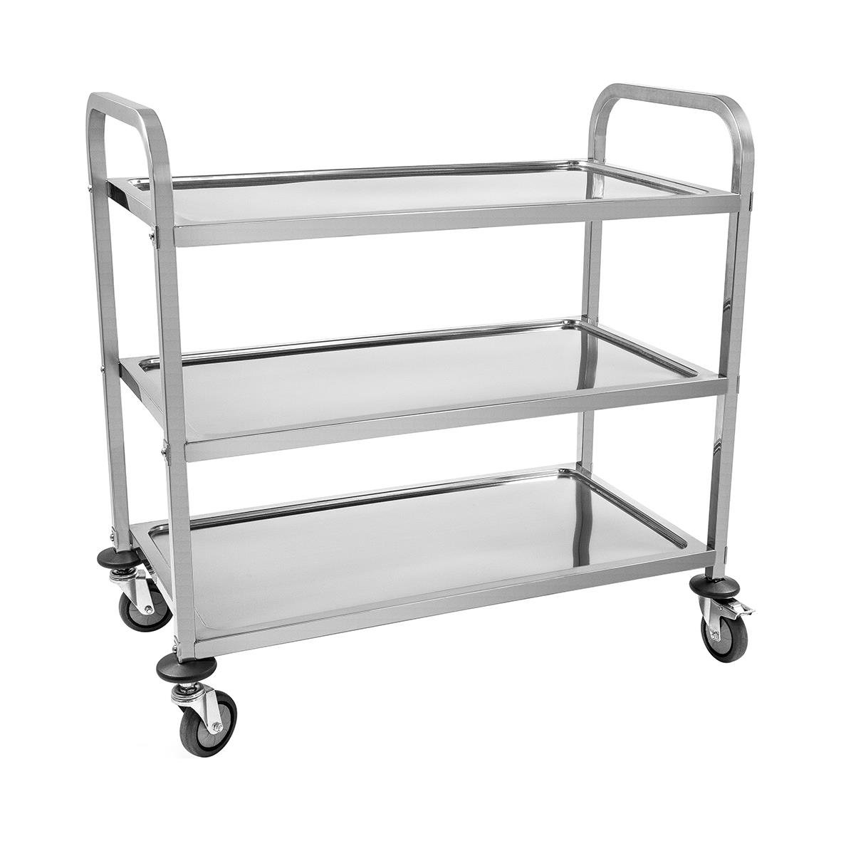 Rostfri serveringsvagn med tre hyllor och hjul, mått 800x500x845/950 mm