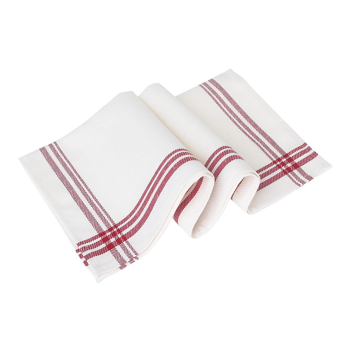 Handduk Segers Halvlinne Röd Rand 50x70cm, vit med röda ränder, vikta och delvis rullade