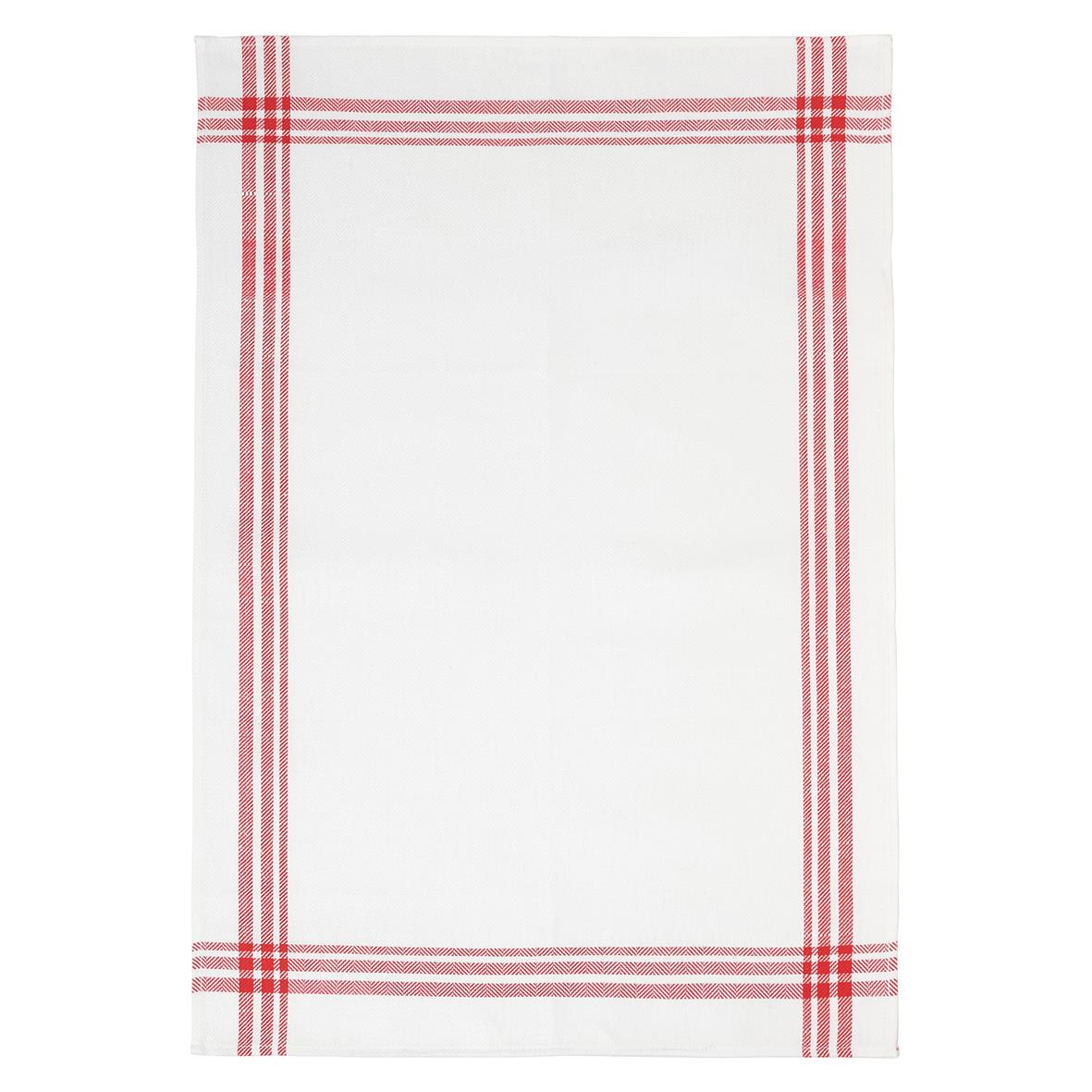 Vit handduk med röd randig kant och mönster, storlek 50x70cm