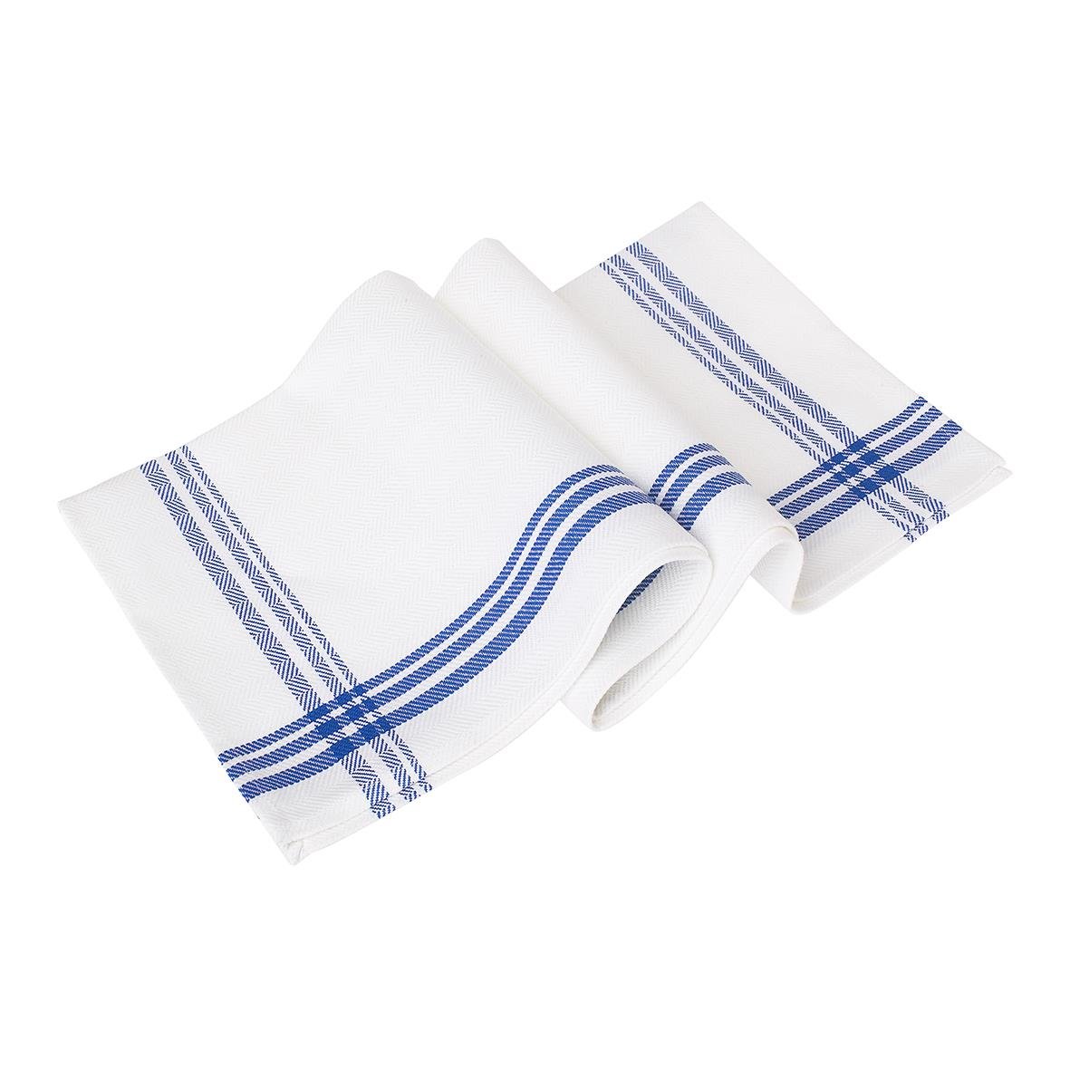 Vit handduk med blå rand och måtten 50x70cm