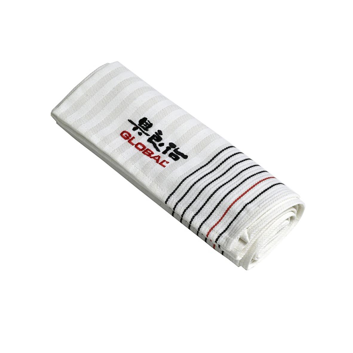 Vit handduk med svart och röd randig design och GLOBAK-logga