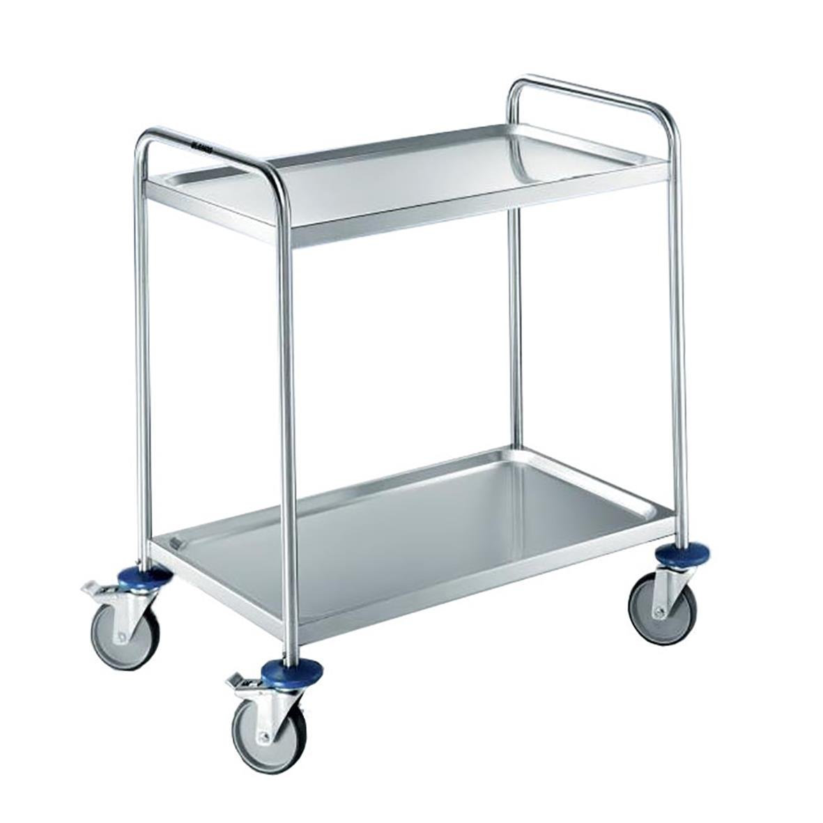 Köksvagn i rostfritt stål med två hyllplan och hjul, mått 900x600x845/950 mm