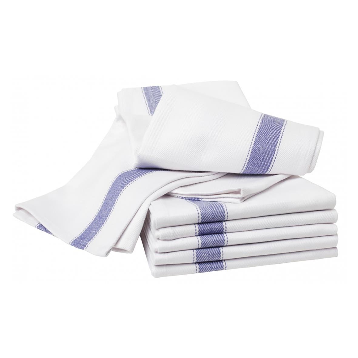 Vit och blå handduk av bomull, 50x70cm, vikta och delvis utlagda