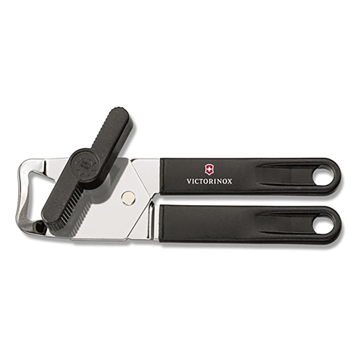 Svart Victorinox konservöppnare med svart handtag och skärblad