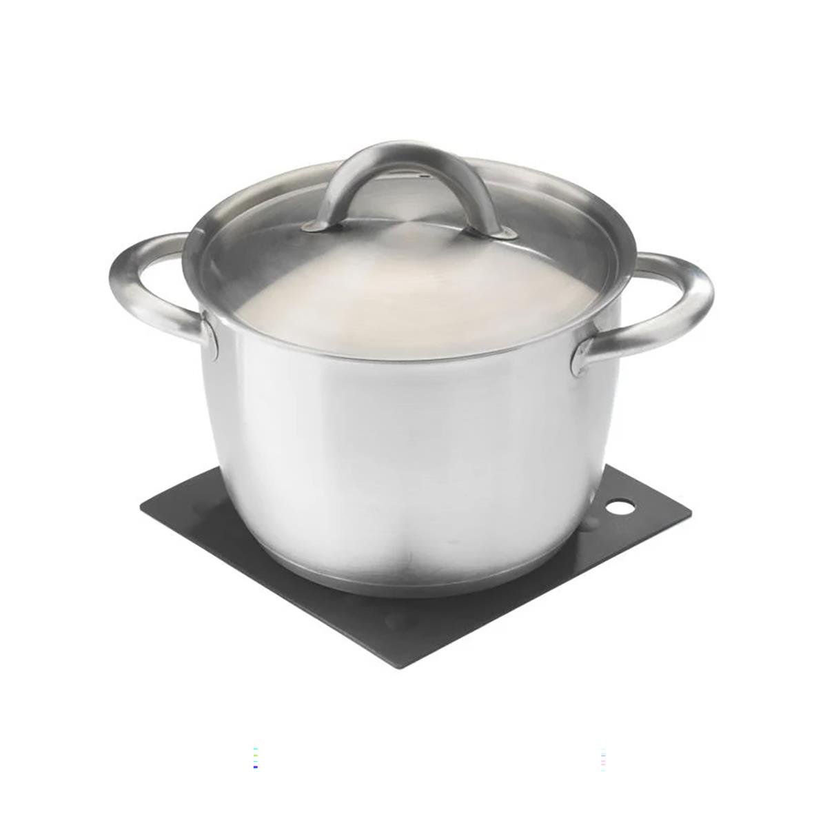 Silikon grytlapp i rött och grått under en kastrull på spishäll