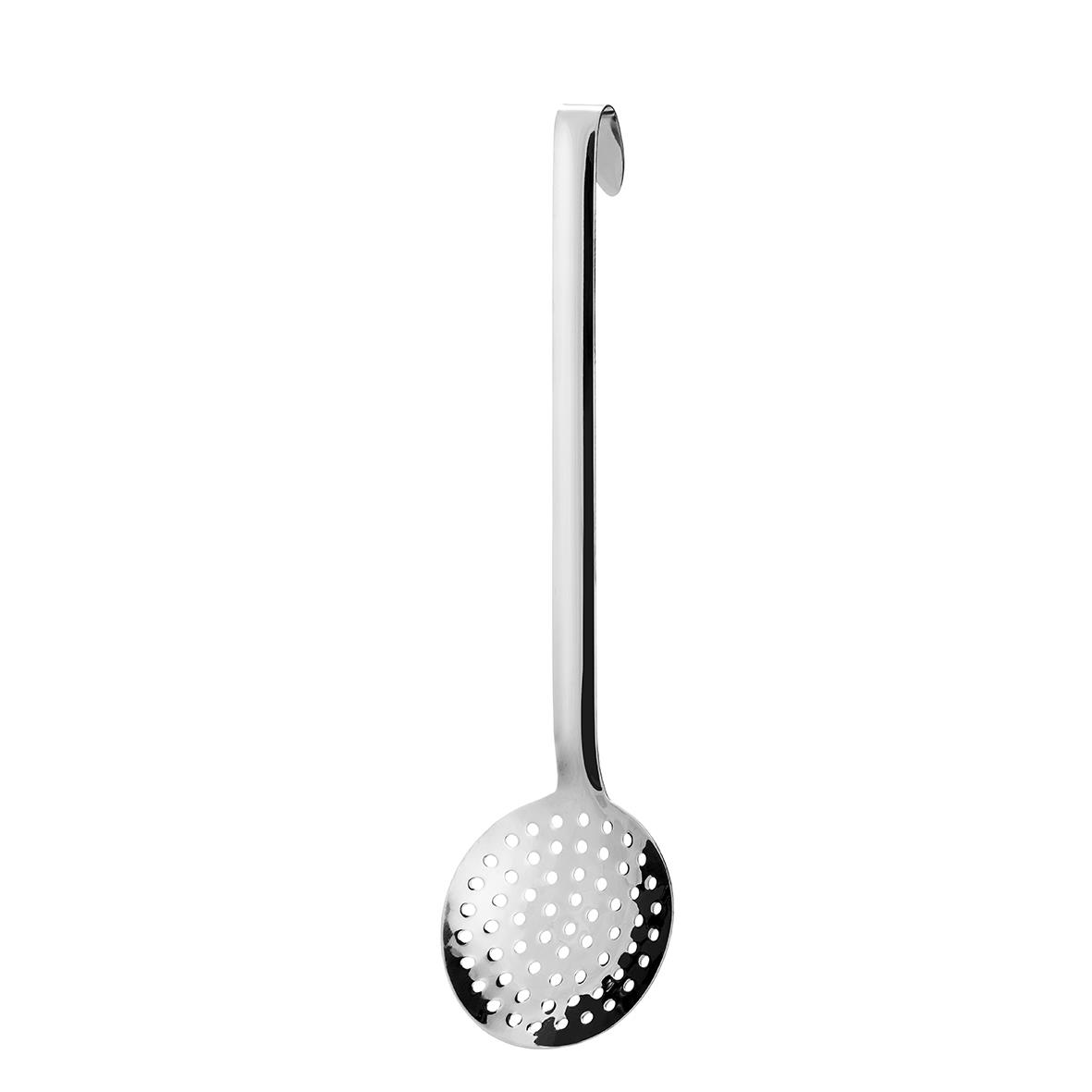 Silversked med hål i botten och handtag, används för att sila eller servera mat