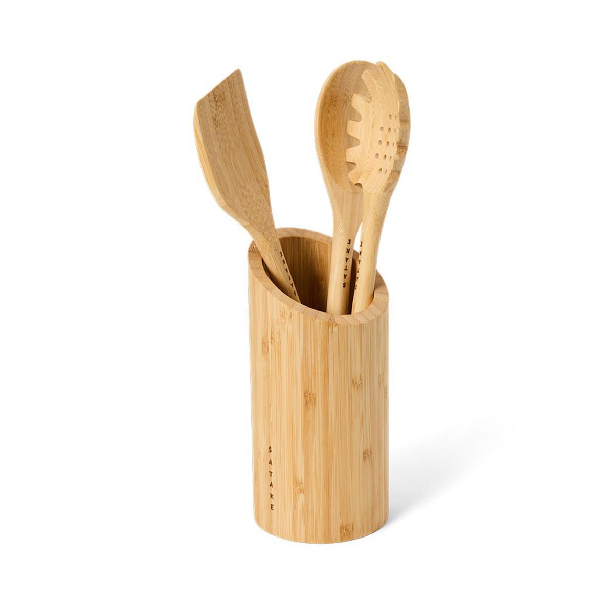 Bambuskäril med tre redskap: sked, tång och spatula