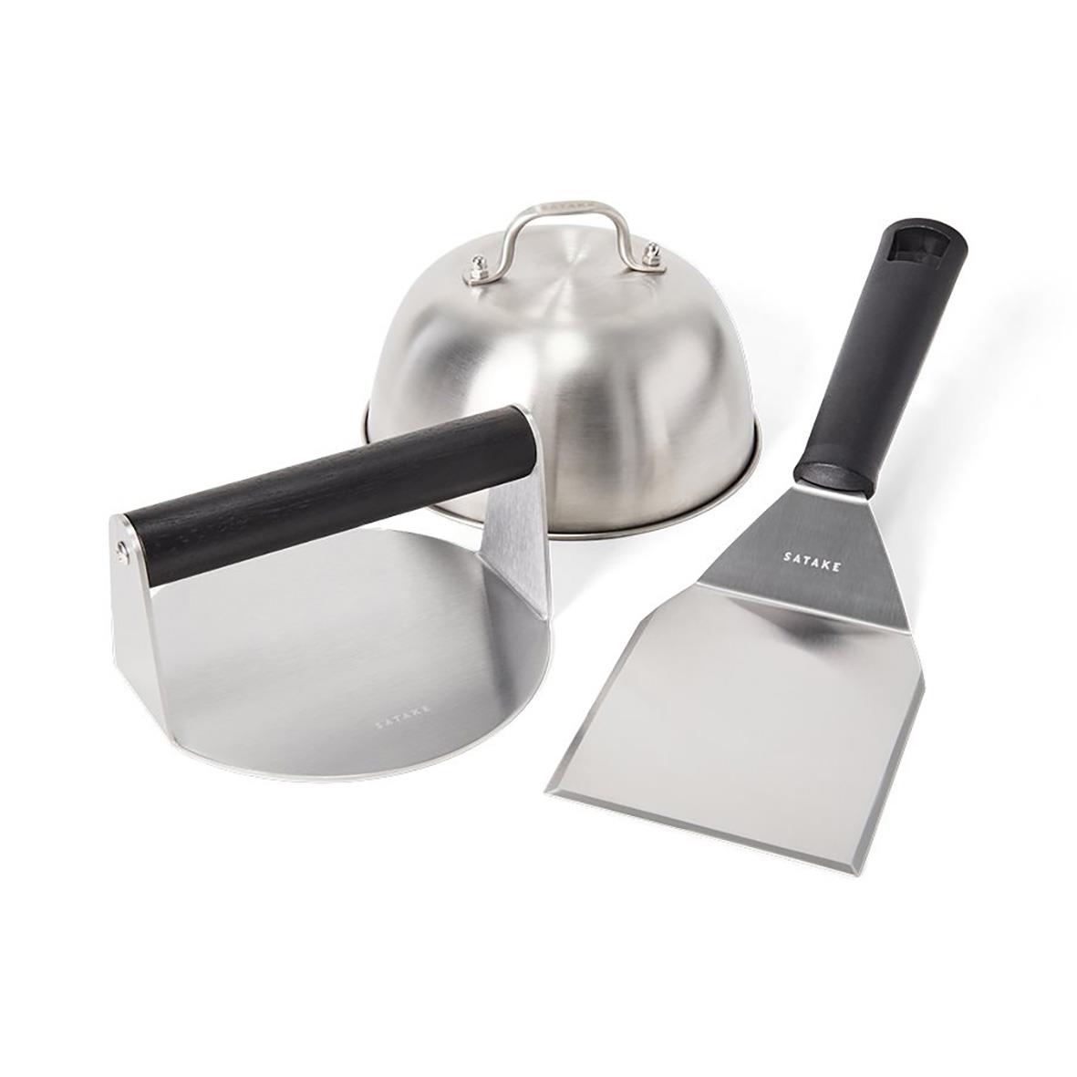 Smashburgerset med stekspade, press och cloche i rostfritt stål